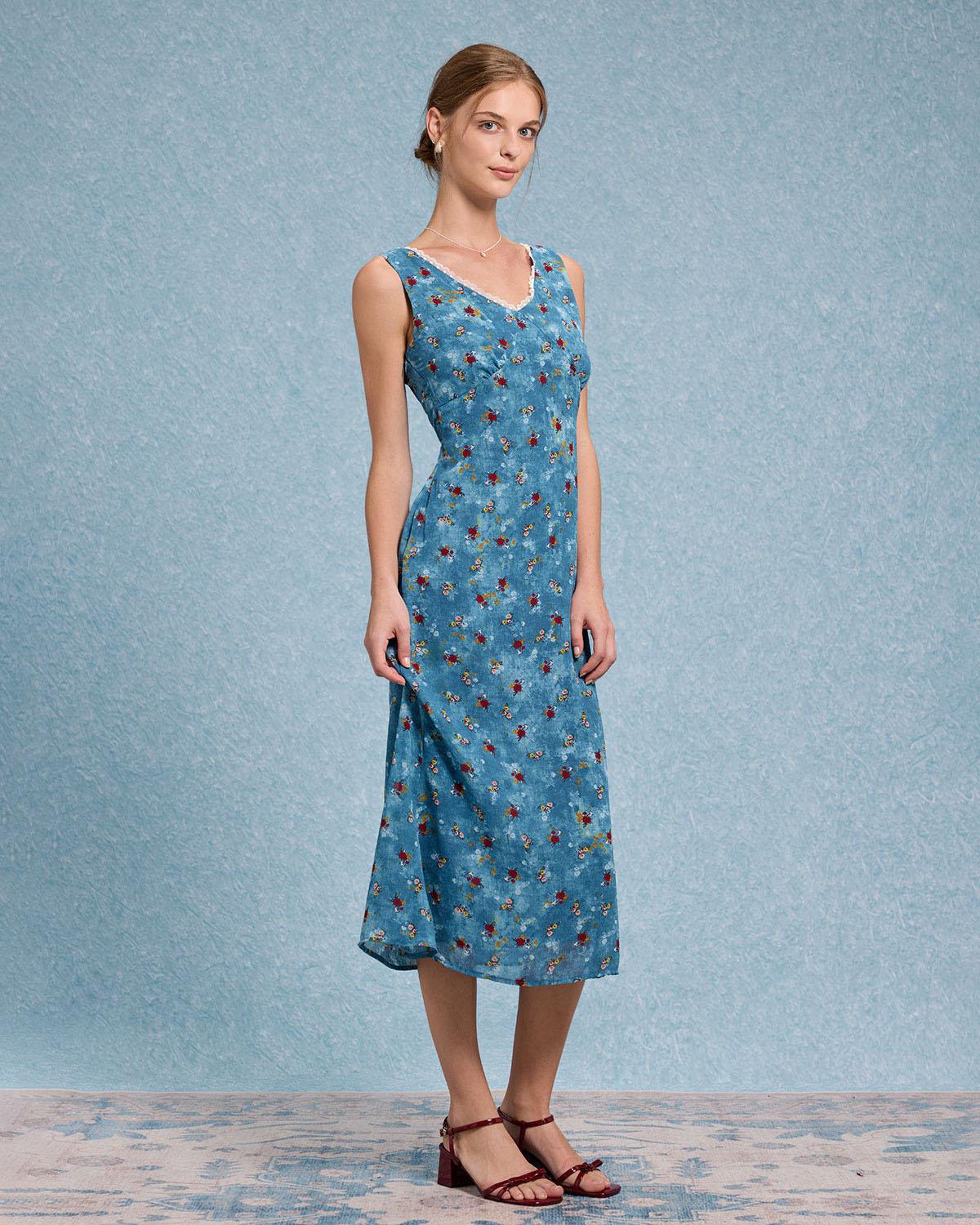 Blue Floral V Neck A-Line Sleeveless Midi Dress Product Image