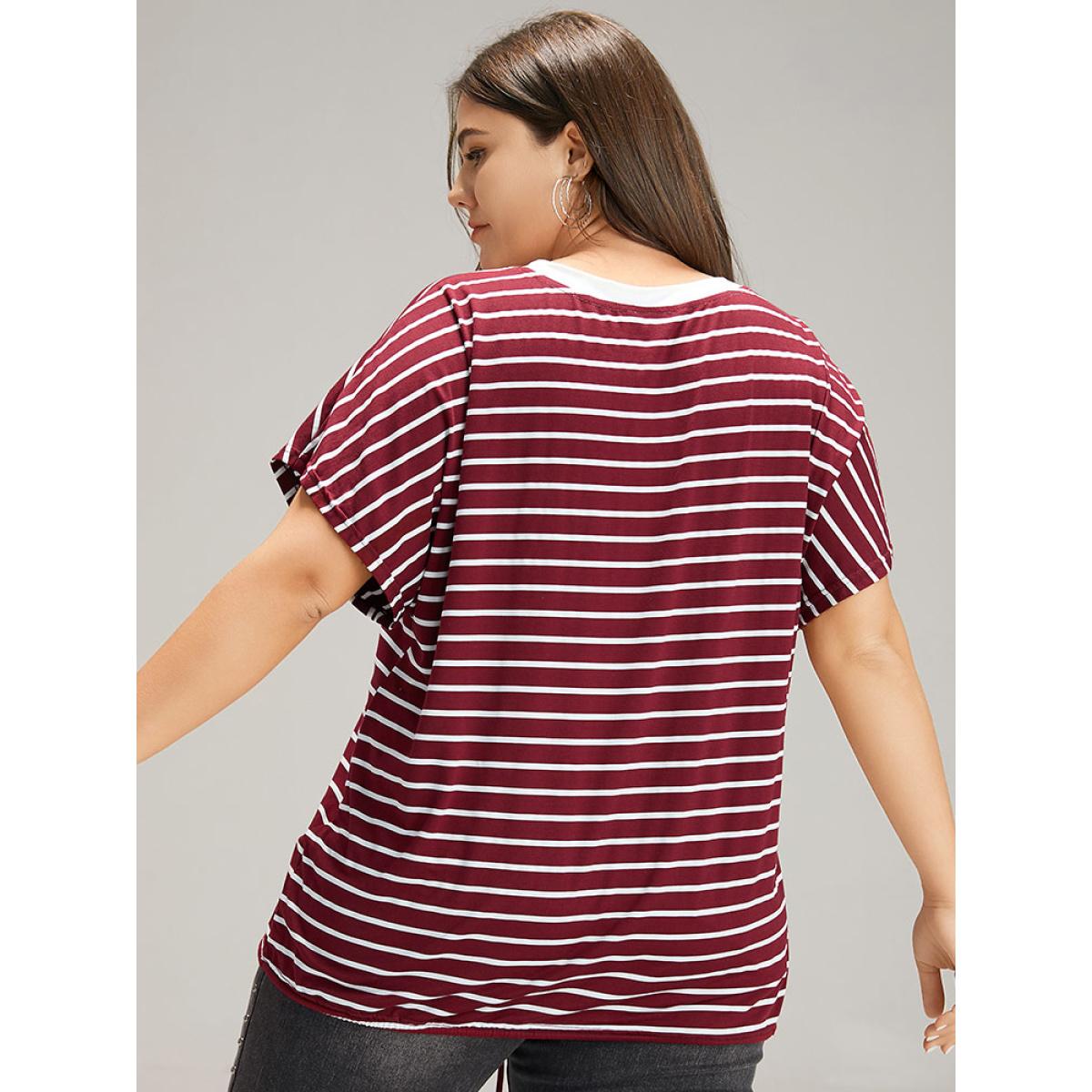 Plus Size Striped Drawstring Batwing Sleeve T-shirt Burgundy Women Casual Contrast Striped Round Neck Dailywear T-shirts BloomChic 10/M Product Image