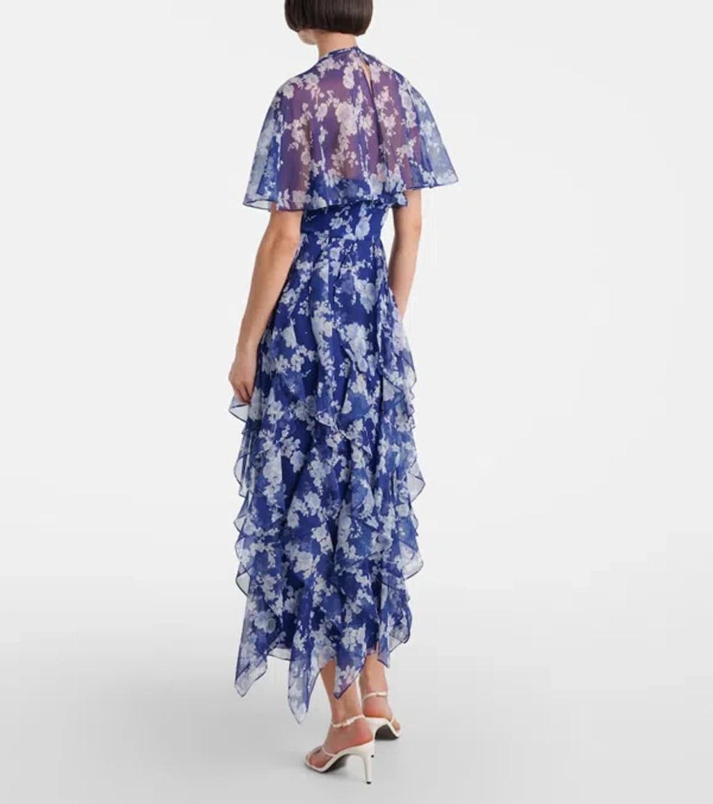 CAROLINA HERRERA Cape-effect Ruffled Floral-print Silk-crepon Midi Dress In Blue Product Image