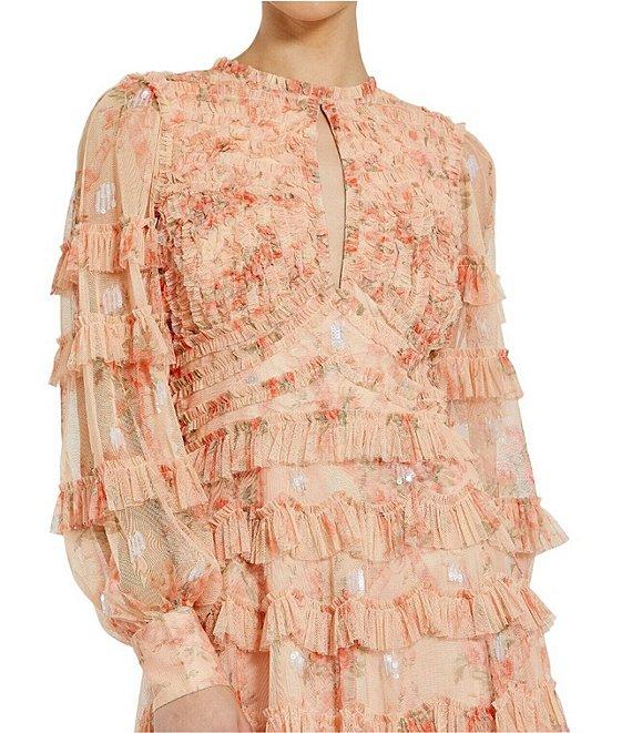 Mac Duggal Key Hole Neck Long Sleeve Floral Mesh A-Line Micro Ruffle Dress Product Image