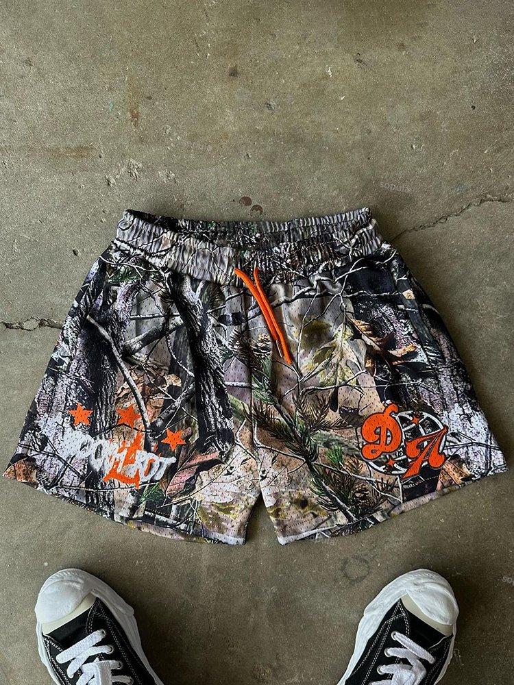 Vintage Stylish Jungle Letter Graphic Casual Street Mesh Shorts Product Image
