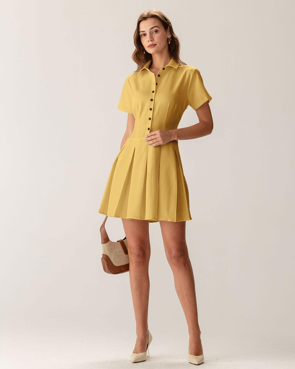 Yellow Button Pleated Mini Dress Product Image