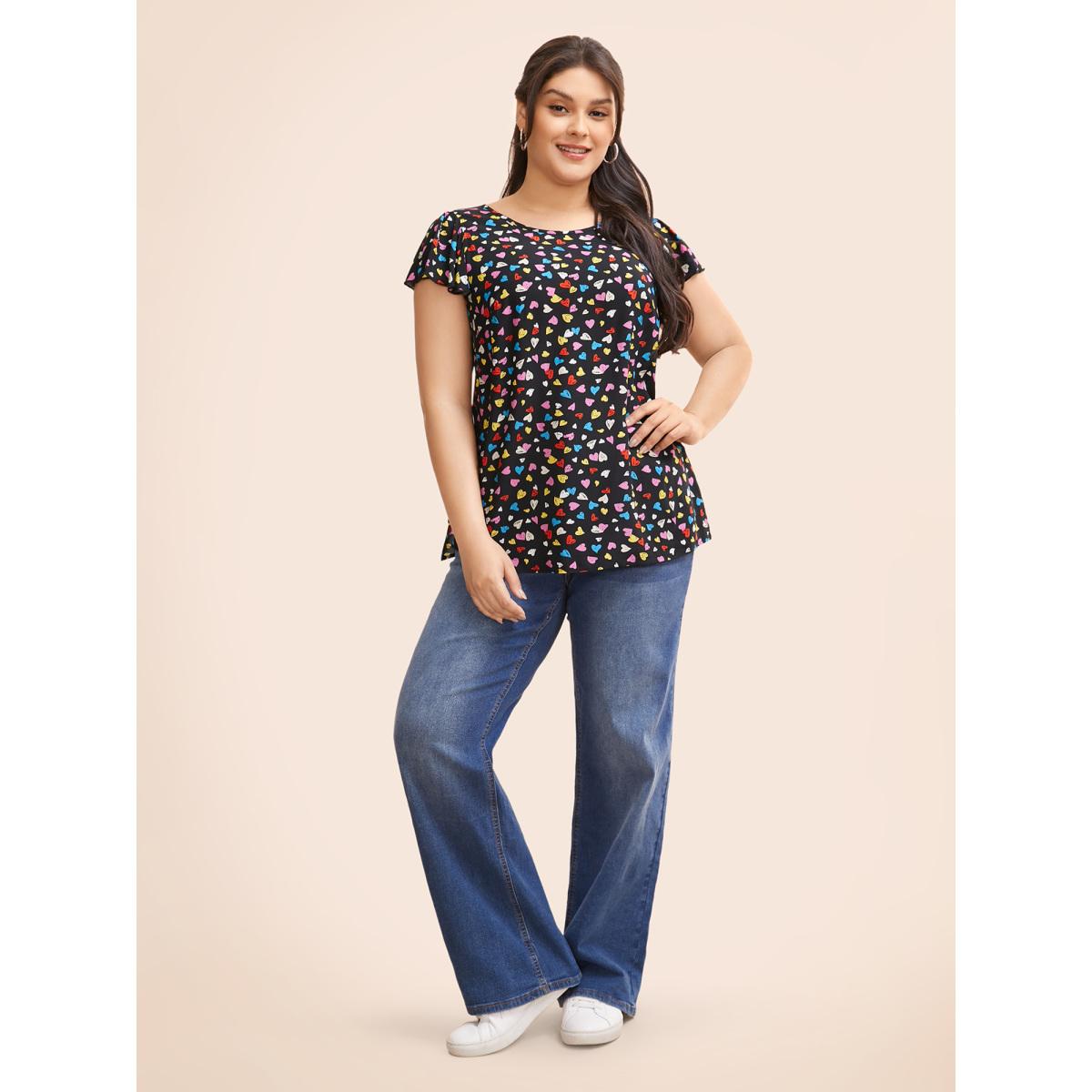 Plus Size Black Heart Pattern Ruffle Sleeves Blouse Women Casual Cap Sleeve Round Neck Everyday Blouses BloomChic 14-16/1X Product Image