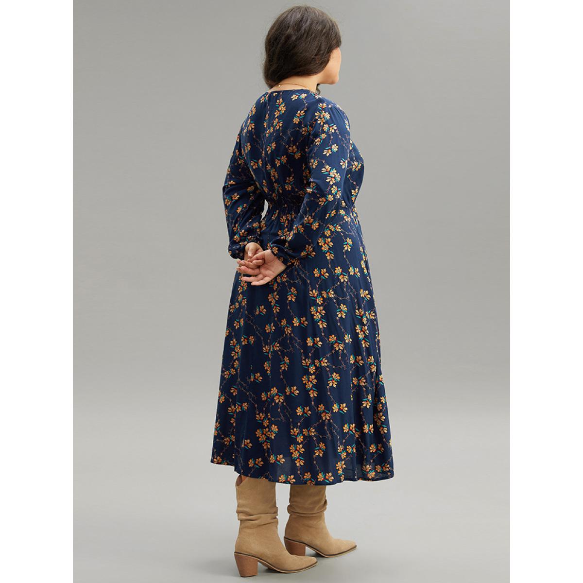 Plus Size Floral Print Elastic Waist Lantern Sleeve Dress DarkBlue Women Elegant Elastic cuffs V-neck Long Sleeve Curvy Midi Dress BloomChic 26/4X Product Image