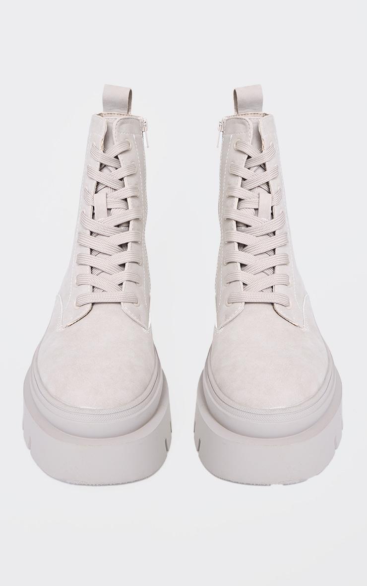 Beige Round Toe Chunky Sole Biker Boots Product Image