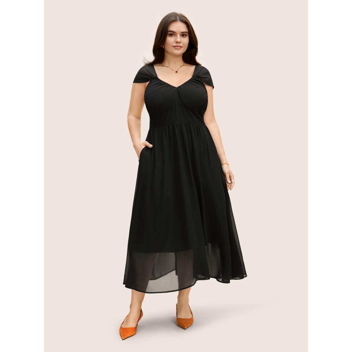 Plus Size Heart Neckline Mesh Cap Sleeve Gathered Dress Black Women Elegant Gathered Heart neckline Cap Sleeve Curvy BloomChic 10/M Product Image