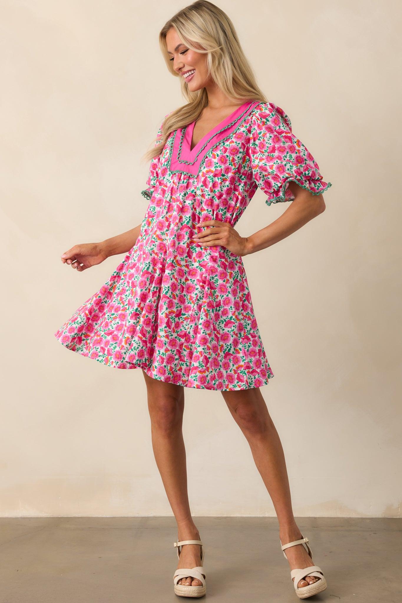 Good Luck Charm Hot Pink Floral Cotton Mini Dress Product Image