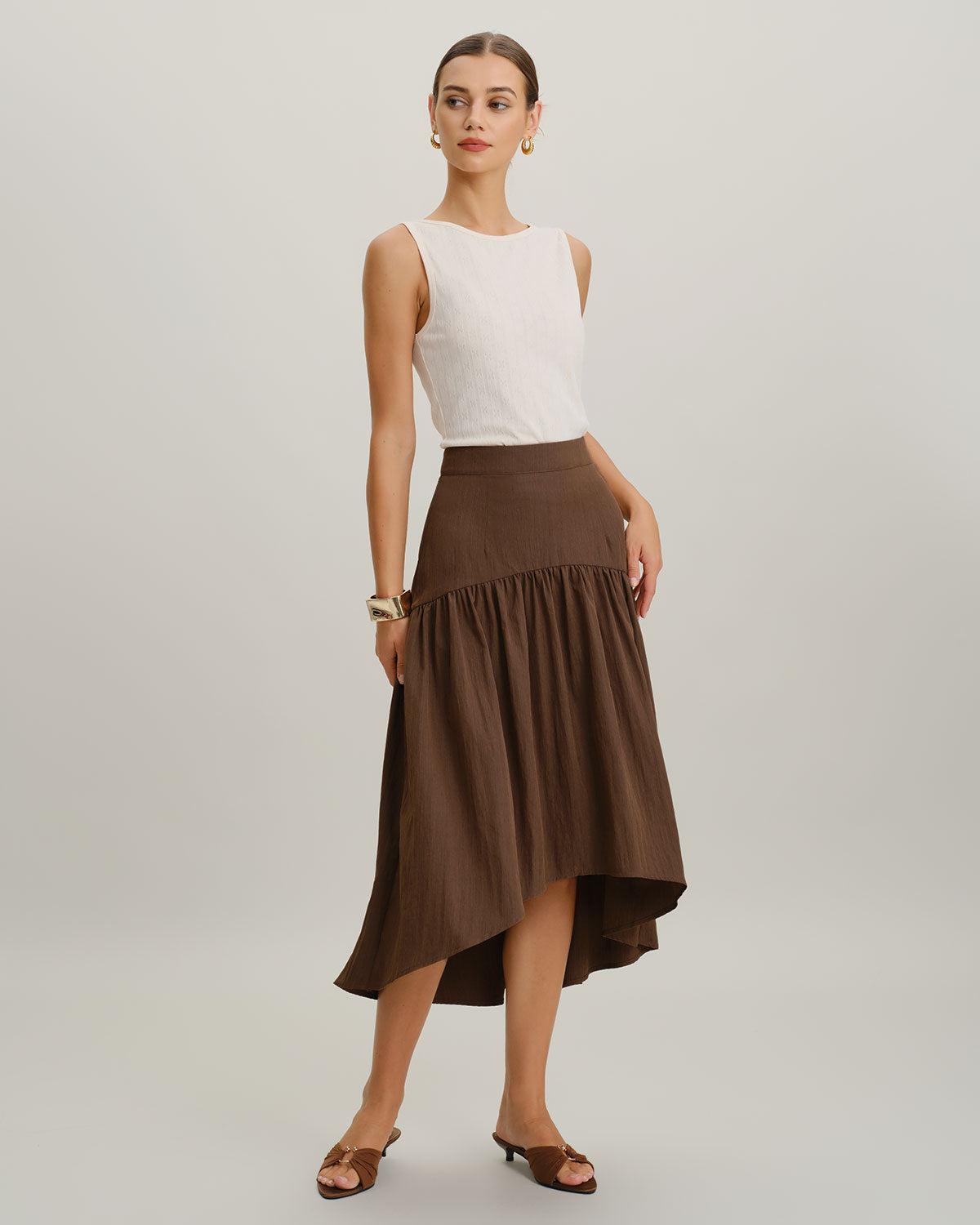 Brown High Waisted High-Low Midi Skirt Product Image