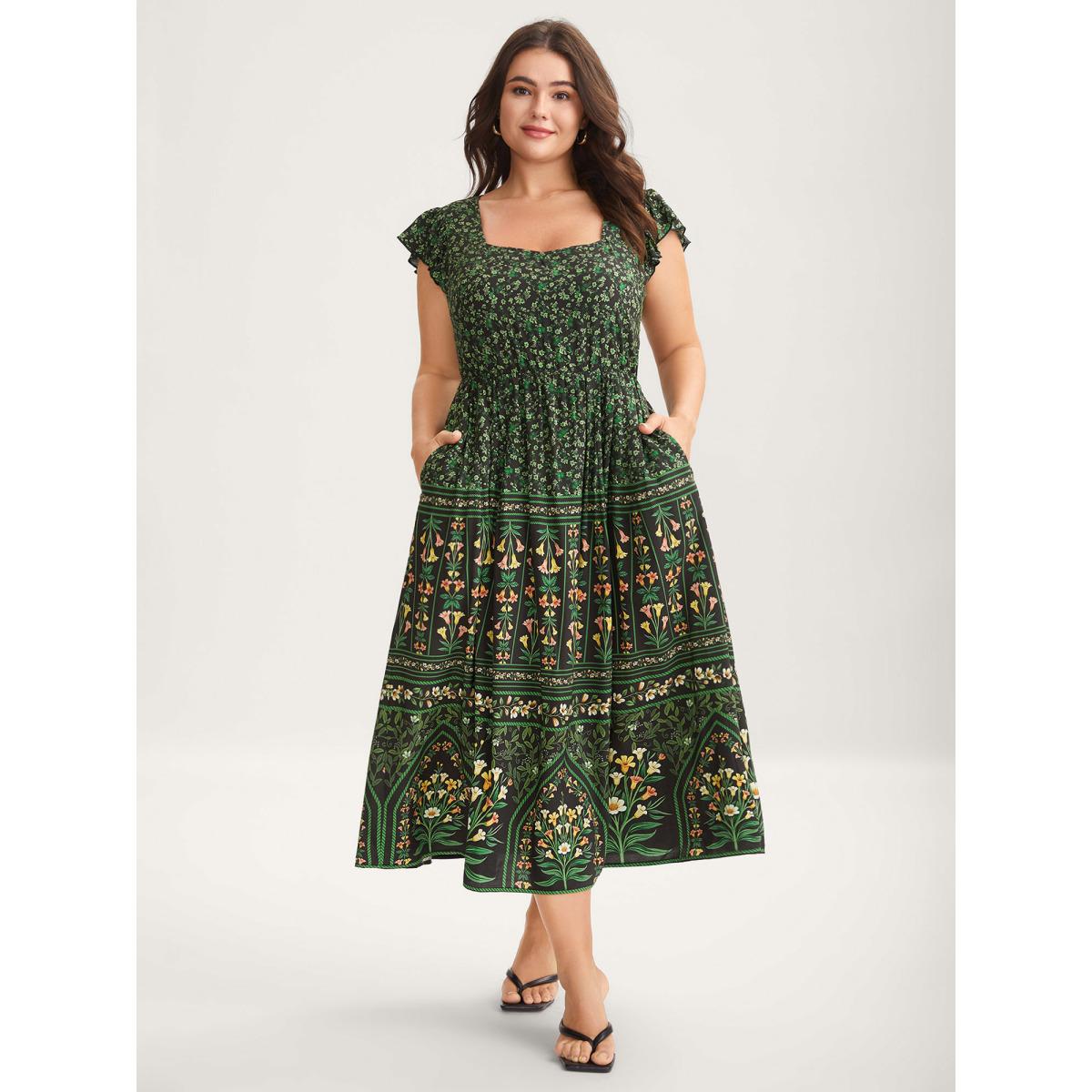 Plus Size Rayon Garden Fresh Ruffled Sleeve Midi Dress DarkGreen Women Resort Heart neckline Cap Sleeve Curvy BloomChic 10/M Product Image