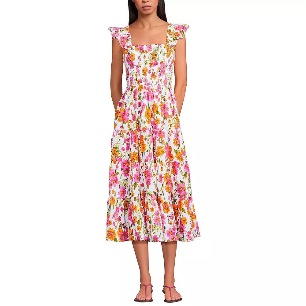 Women's Lands' End Cotton Dobby Smocked Ruffle Shoulder Midi Dress,  Product Image
