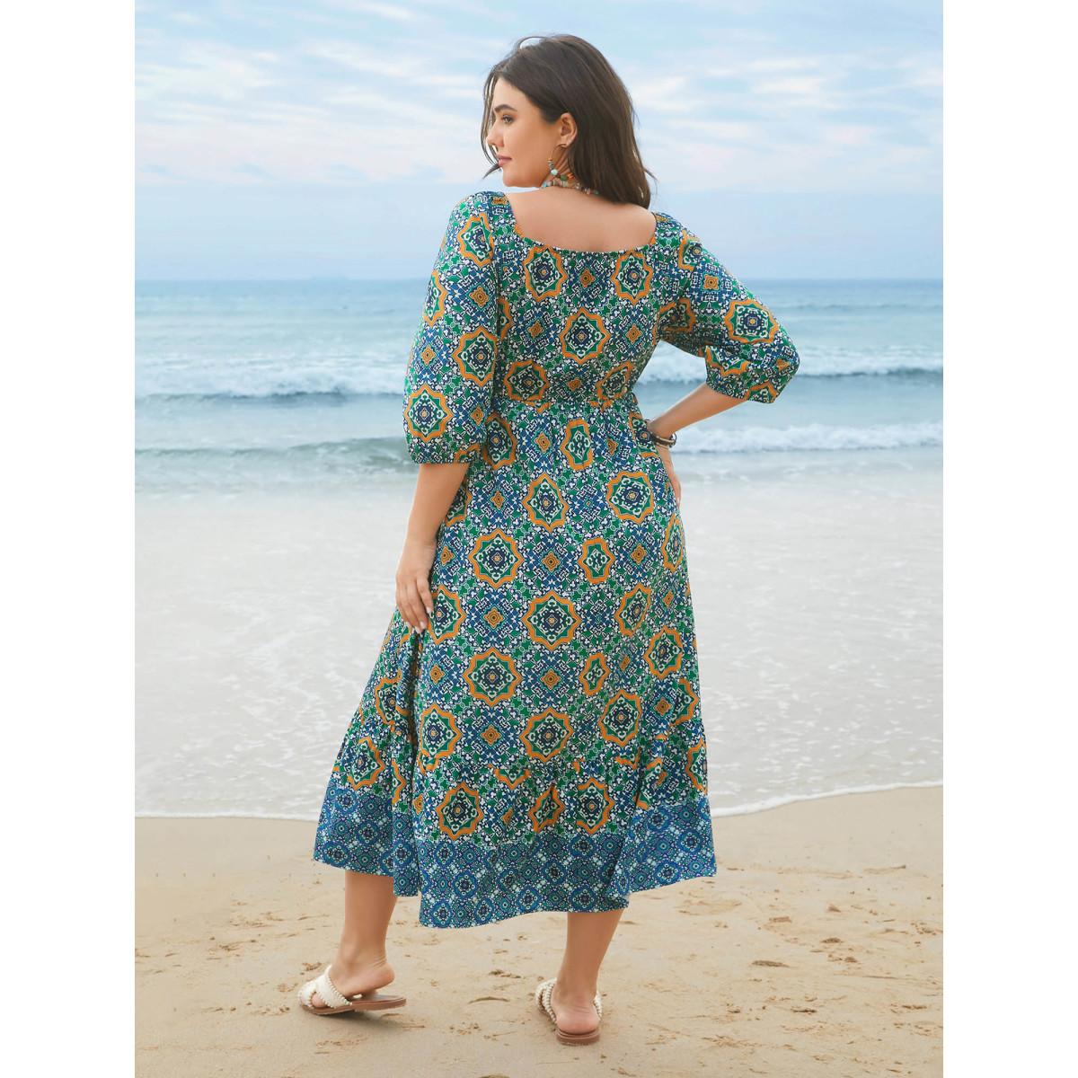 Plus Size Ornate Print Shirred Stretchy Waist Midi Dress Emerald Women Resort Shirred Square Neck Elbow-length sleeve Curvy BloomChic 22-24/3X Product Image