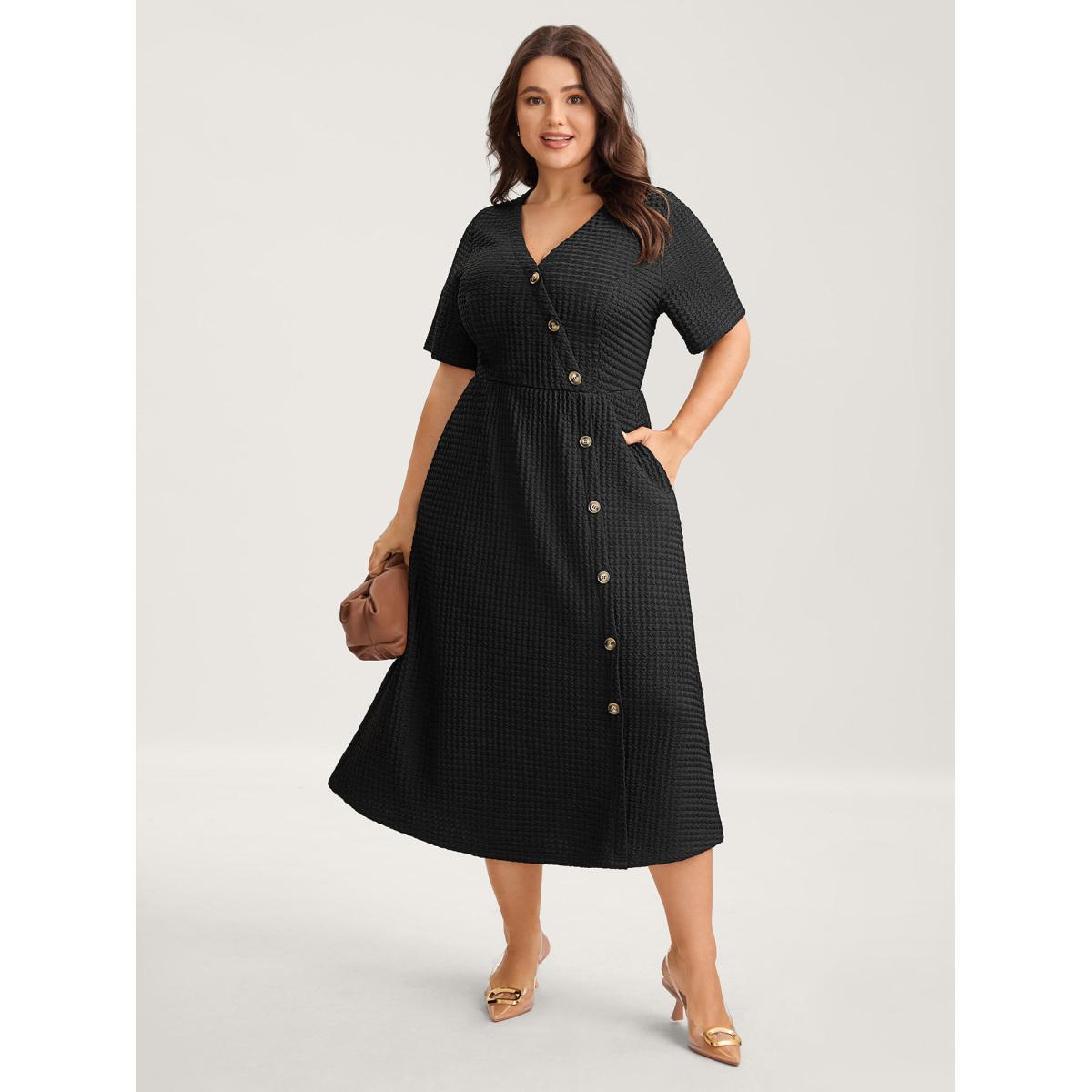Plus Size Textured Wrap Button Placket Midi Dress Black Women V-neck Short sleeve Curvy BloomChic 28/5X Product Image