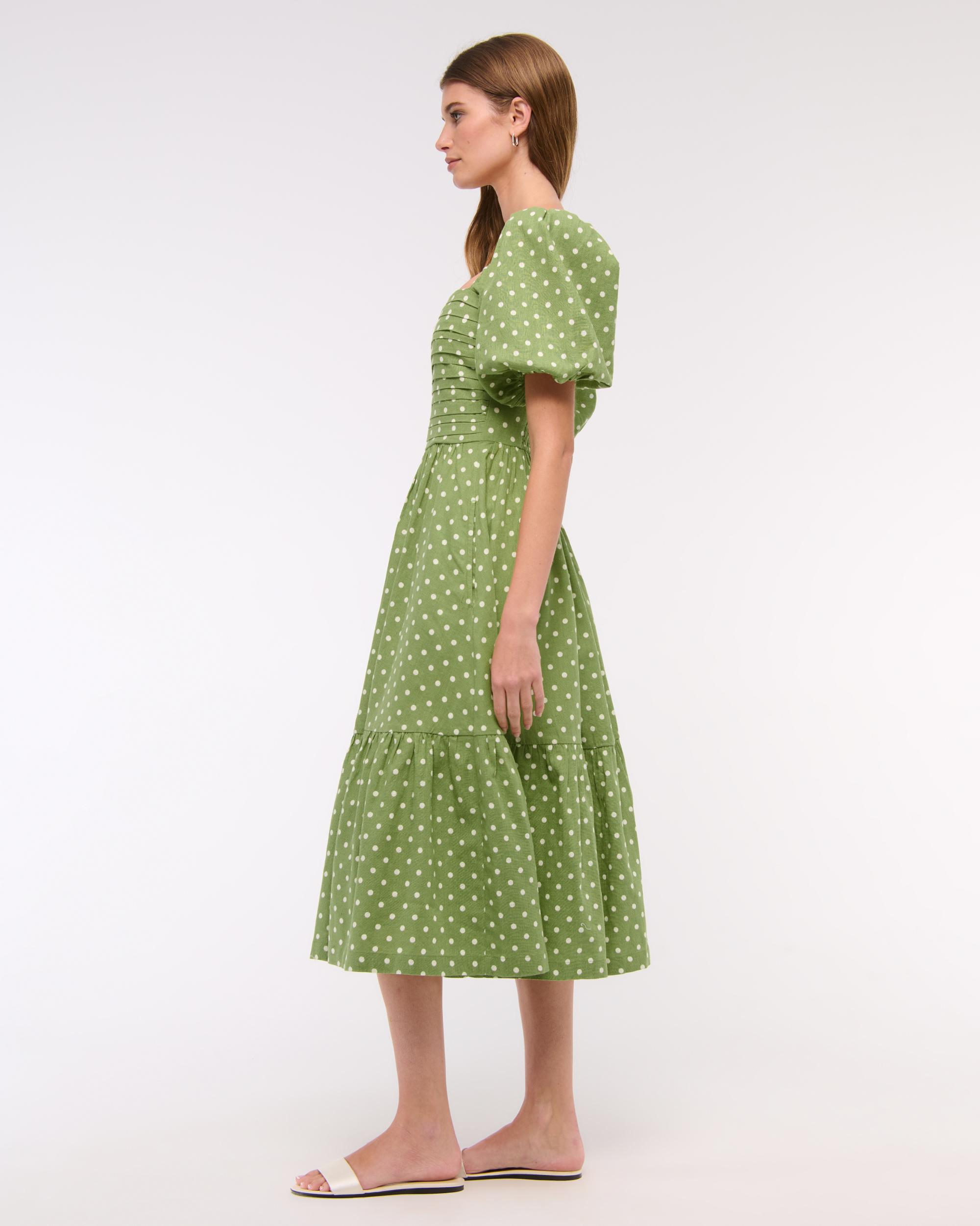 The A&F Emerson Linen-Blend Puff Sleeve Midi Dress Product Image
