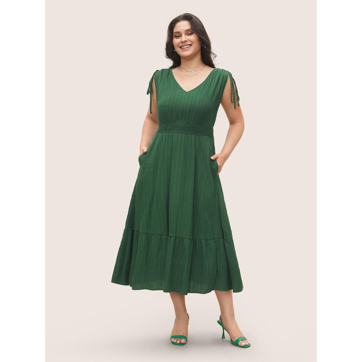 Plus Size Solid Texture Shirred Drawstring sleeve Dress DarkGreen Women Elegant Texture V-neck Cap Sleeve Curvy Midi Dress BloomChic 14-16/1X Product Image