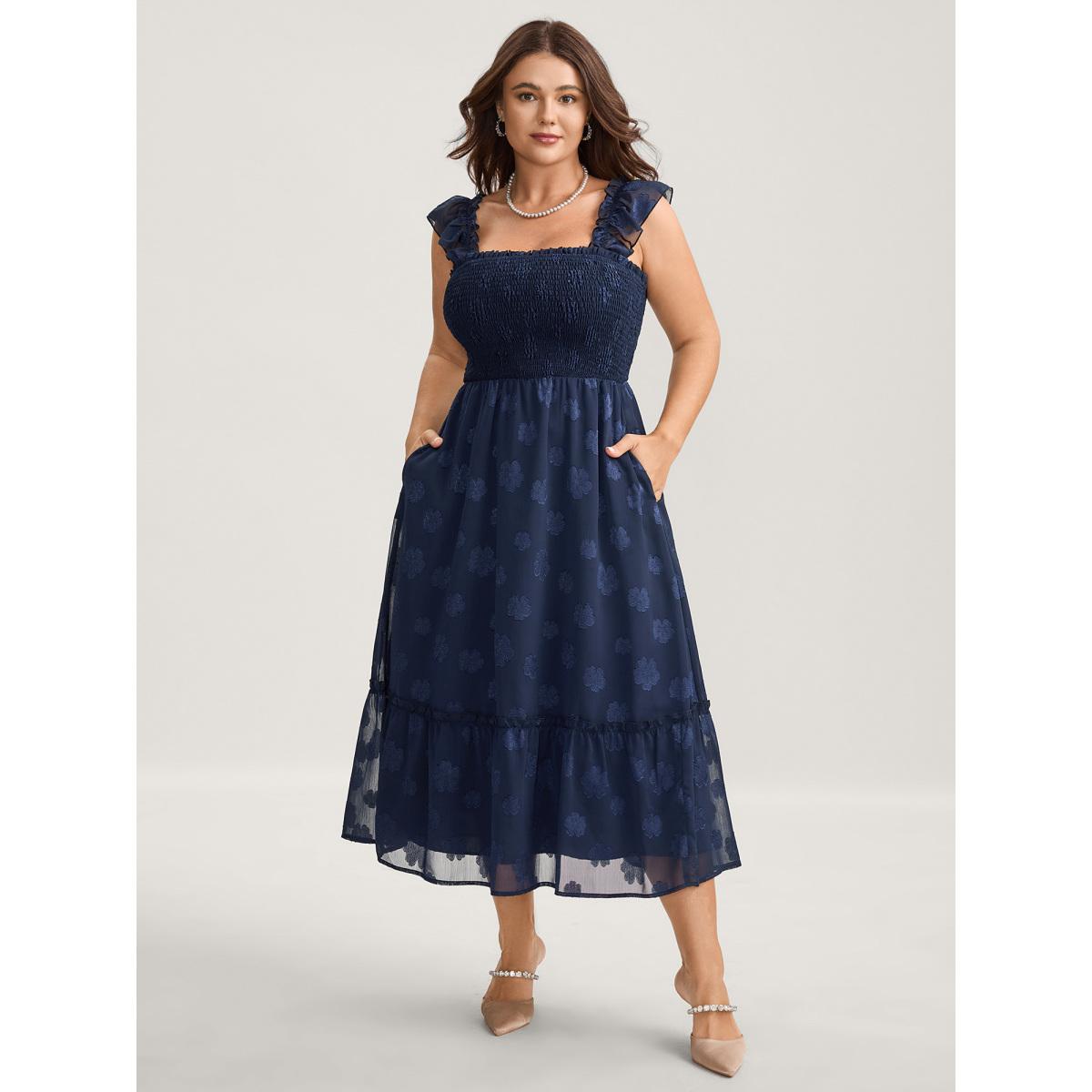 Plus Size Jacquard Shirred Bodice Ruffled Midi Dress Teal Women Square Neck Cap Sleeve Curvy BloomChic 28/5X Product Image