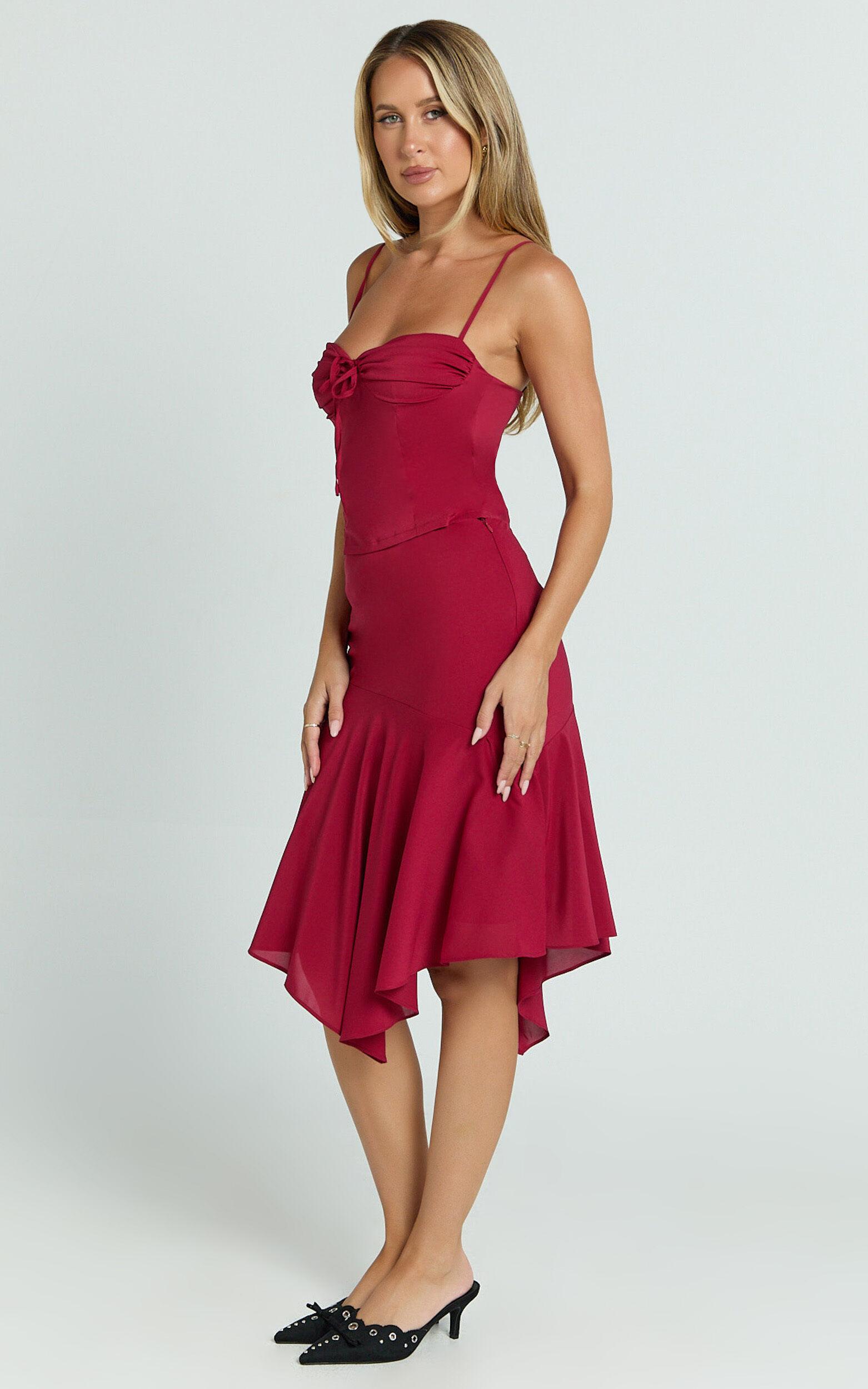 Clare Midi Skirt - Mid Waisted Asymmetric Bias Cut Slip Skirt in Cherry Red Product Image