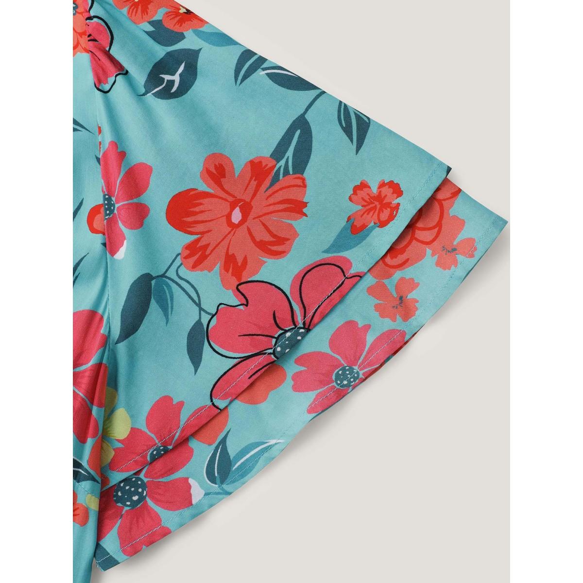 Plus Size Floral Radiance Layered Sleeve Midi Dress Malachitegreen Women Flat collar with V-notch Short sleeve Curvy BloomChic 26/4X Product Image