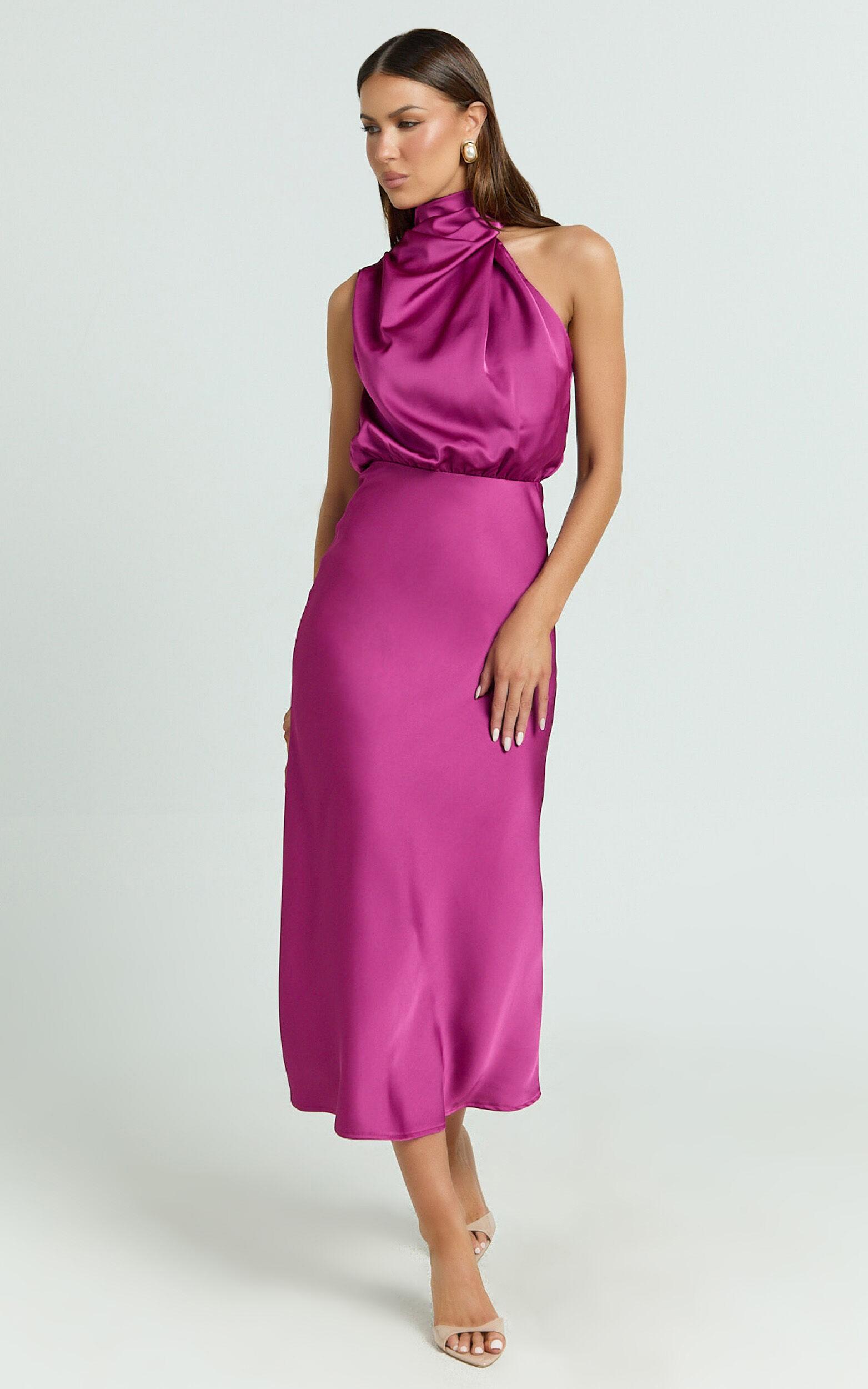 Minnie Midi Dress - Drape Neck Satin Slip Dress in Purple Product Image
