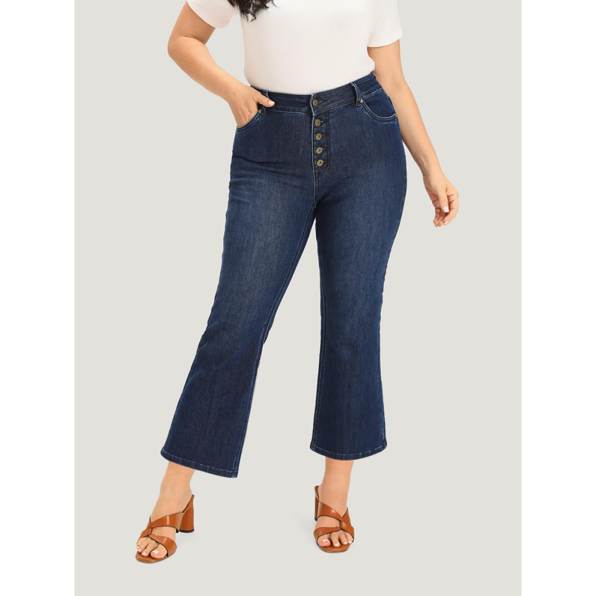 Plus Size Plain Button Fly High Rise Bootcut Jeans Women DarkBlue Casual Plain Plain Medium stretch Pocket Jeans BloomChic 14/1X Product Image