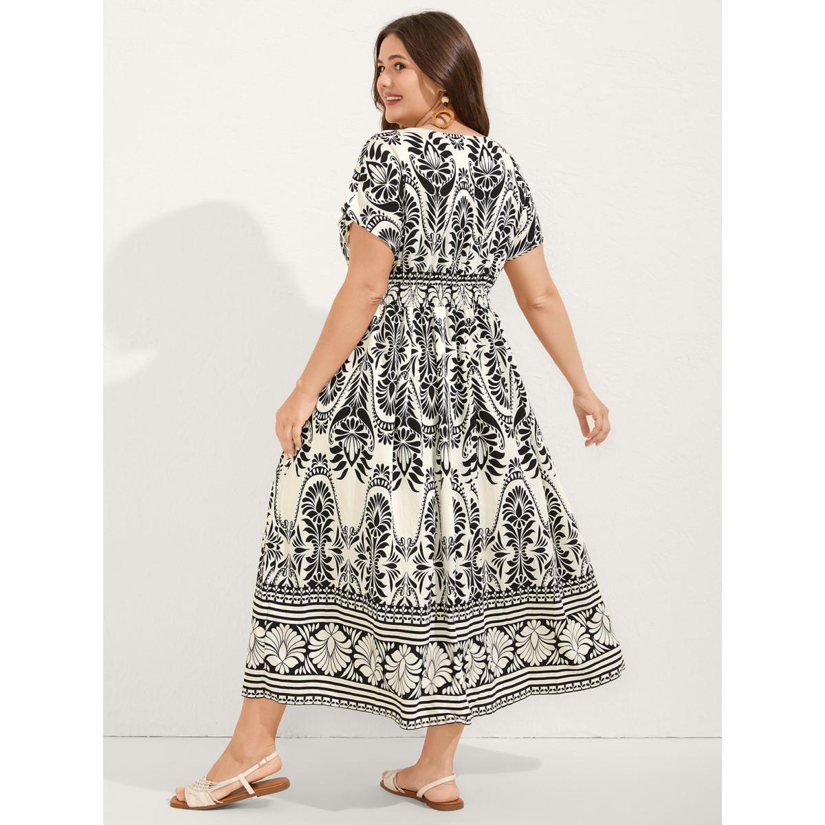 Plus Size Floral Print Shirred Waist Midi Dress Black Women Shirred V-neck Short sleeve Curvy BloomChic 18-20/2X Product Image