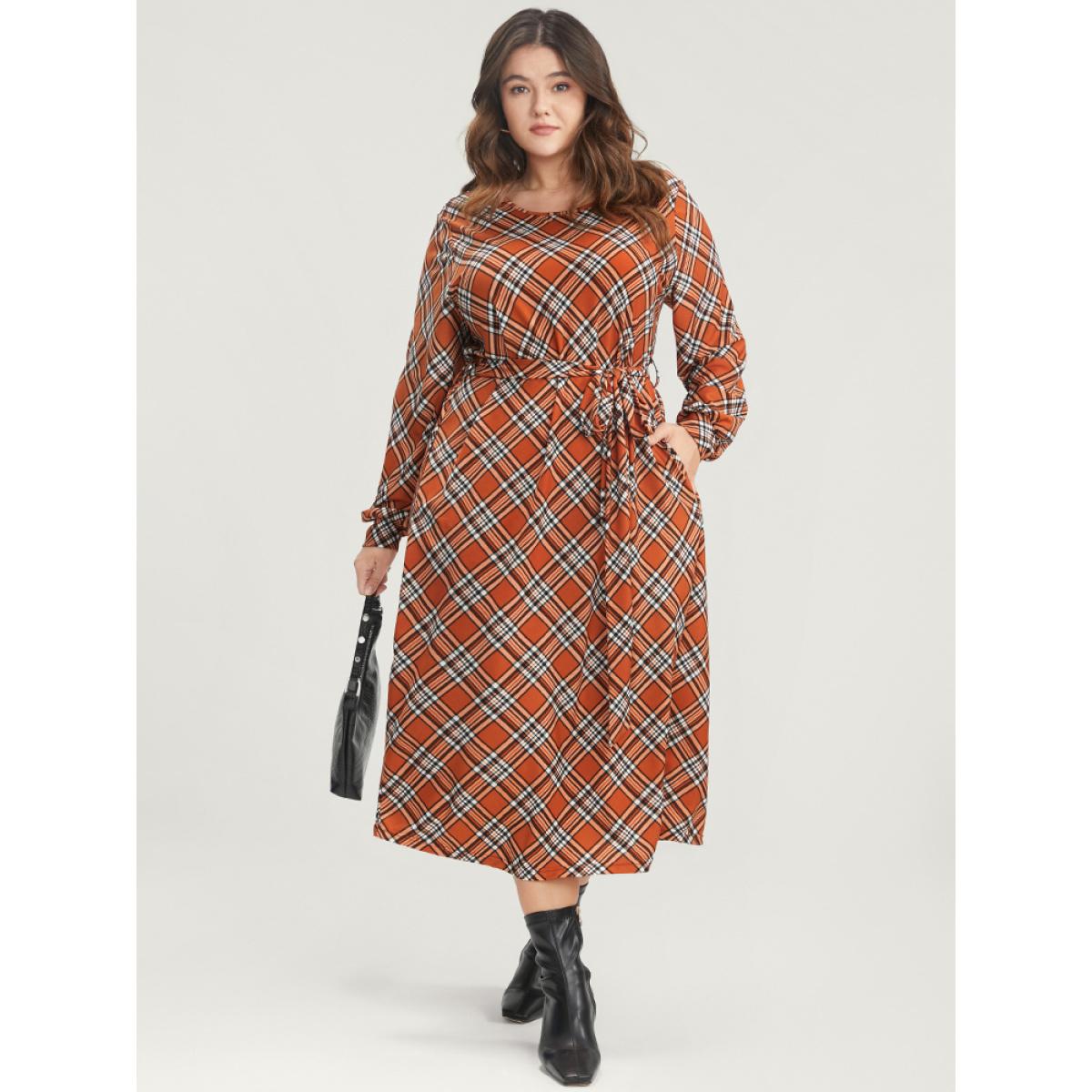 Plus Size Tartan Round Neck Pocket Belted Midi Dress Chocolate Women Elegant Belted Round Neck Long Sleeve Curvy Midi Dress BloomChic 28/5X Product Image