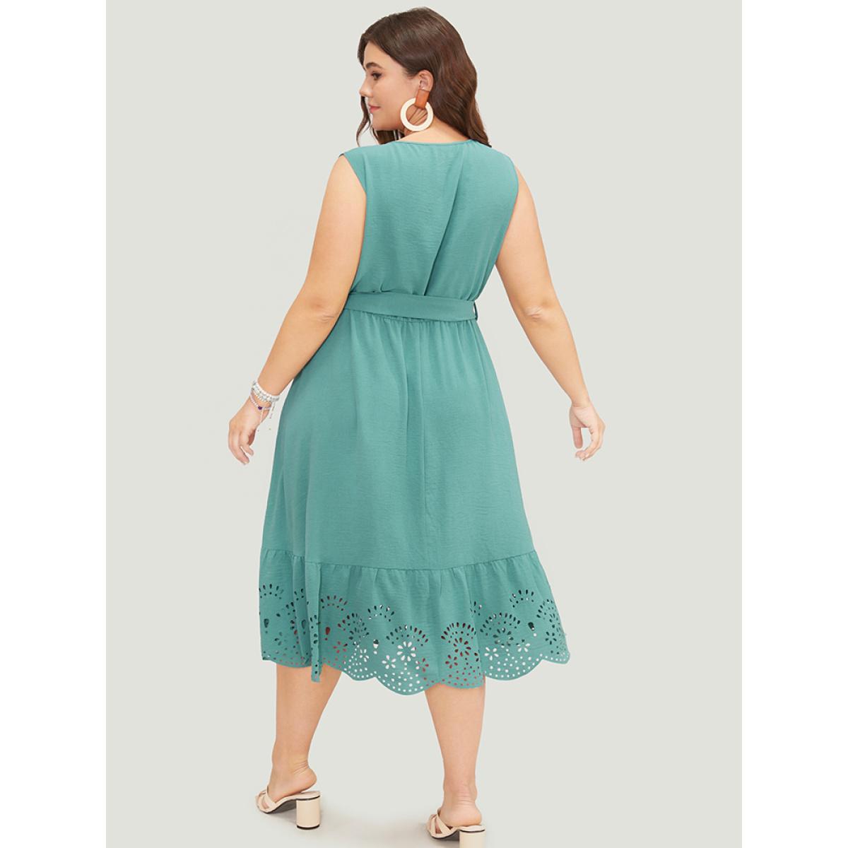 Plus Size Plain Pocket Wrap Belted Laser Cut Flutter Tank Dress Emerald Women Elegant Cross straps V-neck Sleeveless Curvy Midi Dress BloomChic 10/M Product Image