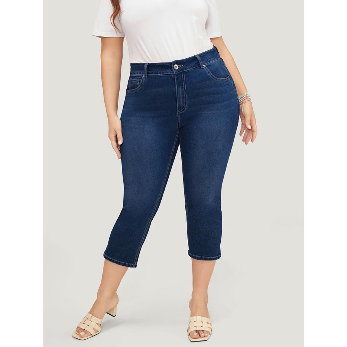 Plus Size Skinny Very Stretchy High Rise Medium Wash Cropped Jeans Women DarkBlue Casual Plain High stretch Side seam pocket Jeans BloomChic 30/6X Product Image