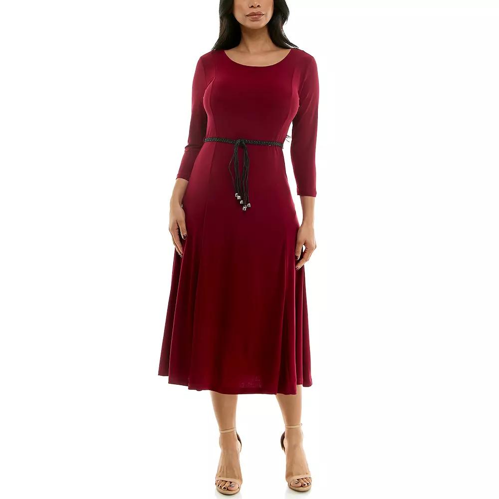 Women's Nina Leonard Sylvia Three-Quarter Sleeve Belted Midi Dress,  Product Image