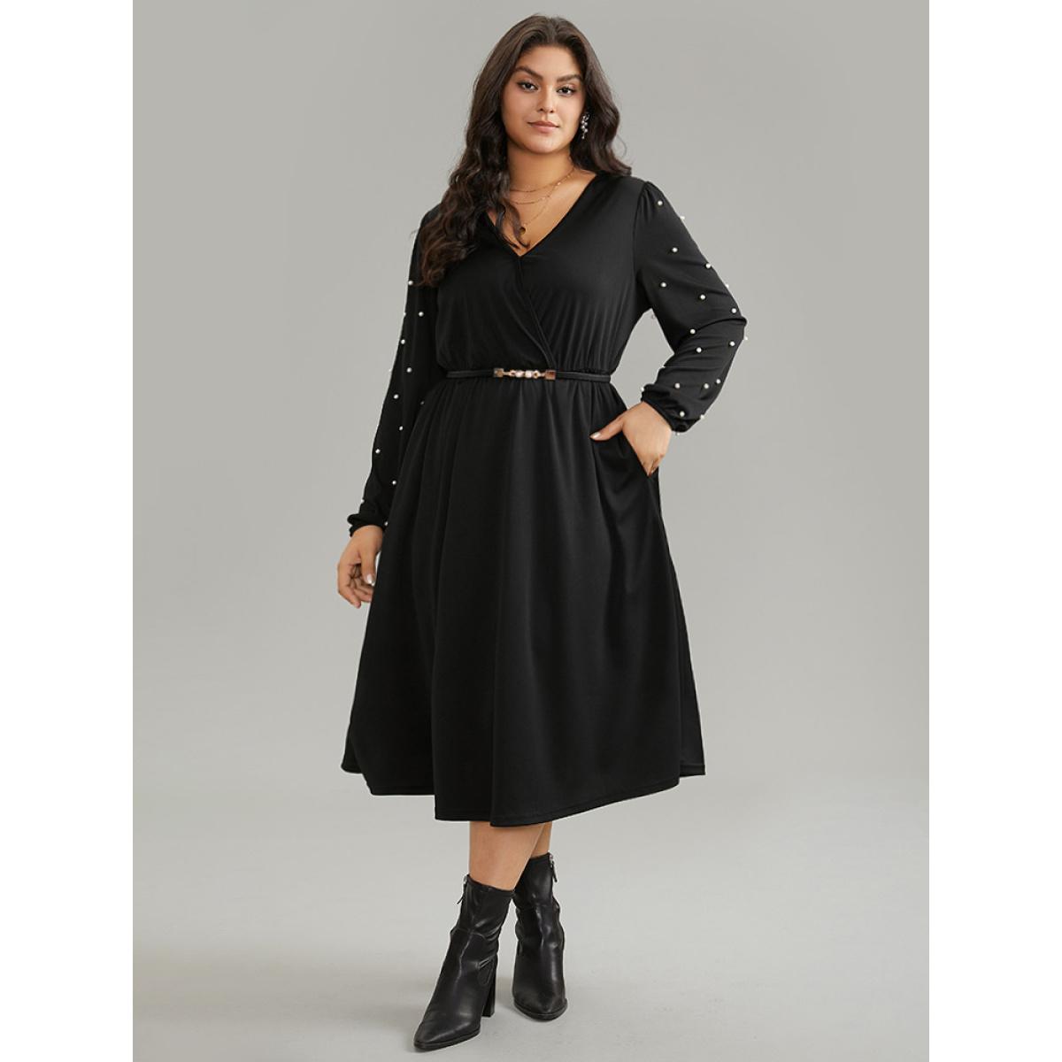 Plus Size Beaded Overlap Collar Pocket Elastic Waist Dress Black Women Elegant Elastic cuffs Overlap Collar Long Sleeve Curvy Midi Dress BloomChic 18-20/2X Product Image