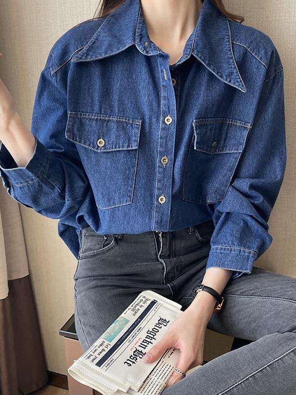Wash Dual Pocket Denim Blouses&Shirts Product Image