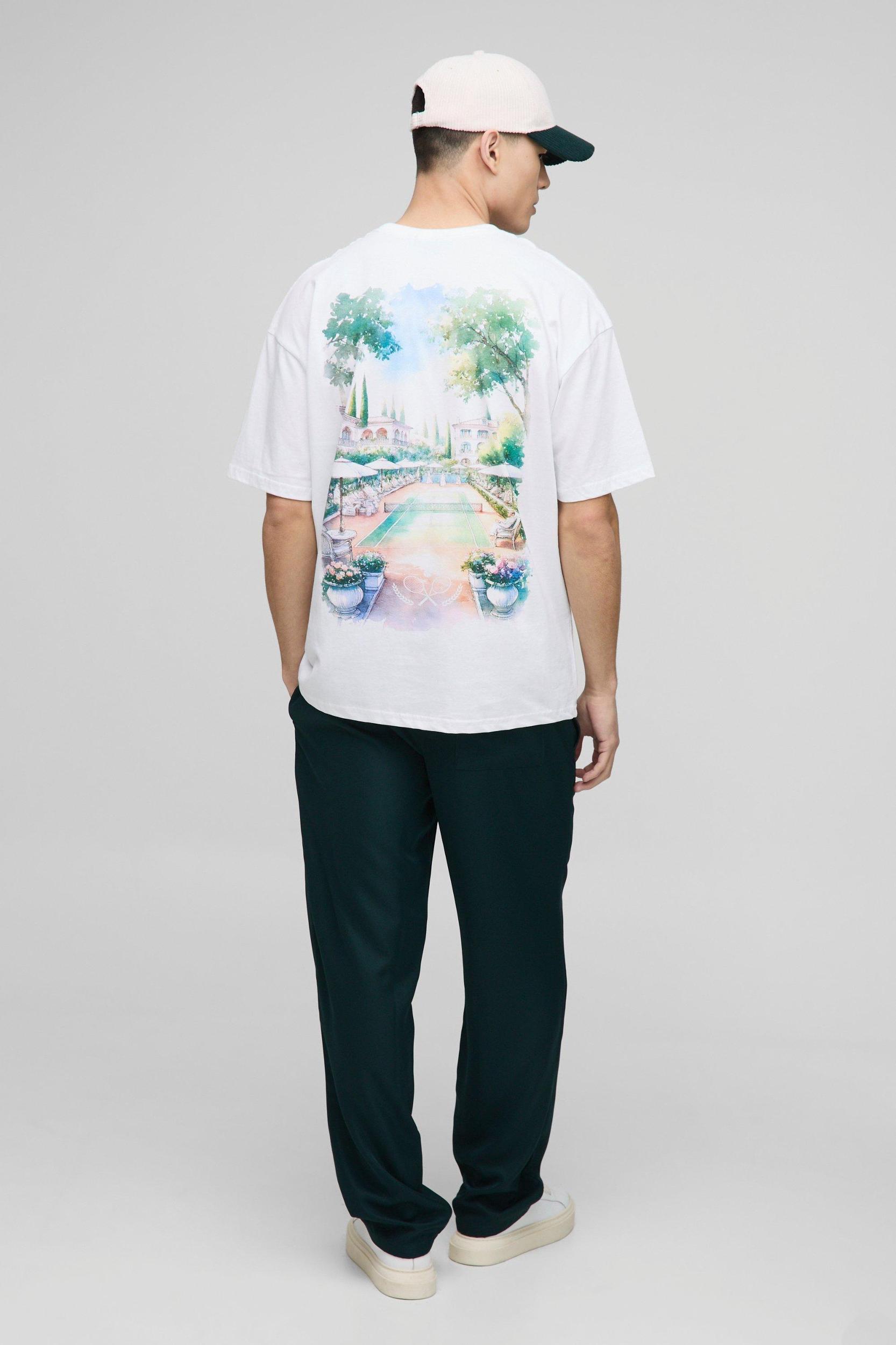 Regular Fit Oversized Tennis Club Landscape Watercolour Painted T-Shirt | boohooMAN USA Product Image