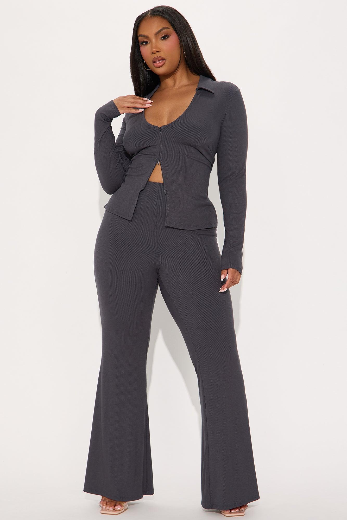 Marlen Ribbed Pant Set - Charcoal Product Image