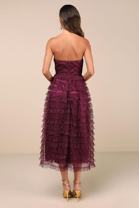 Immensely Exquisite Purple Tulle Strapless Tiered Midi Dress Product Image