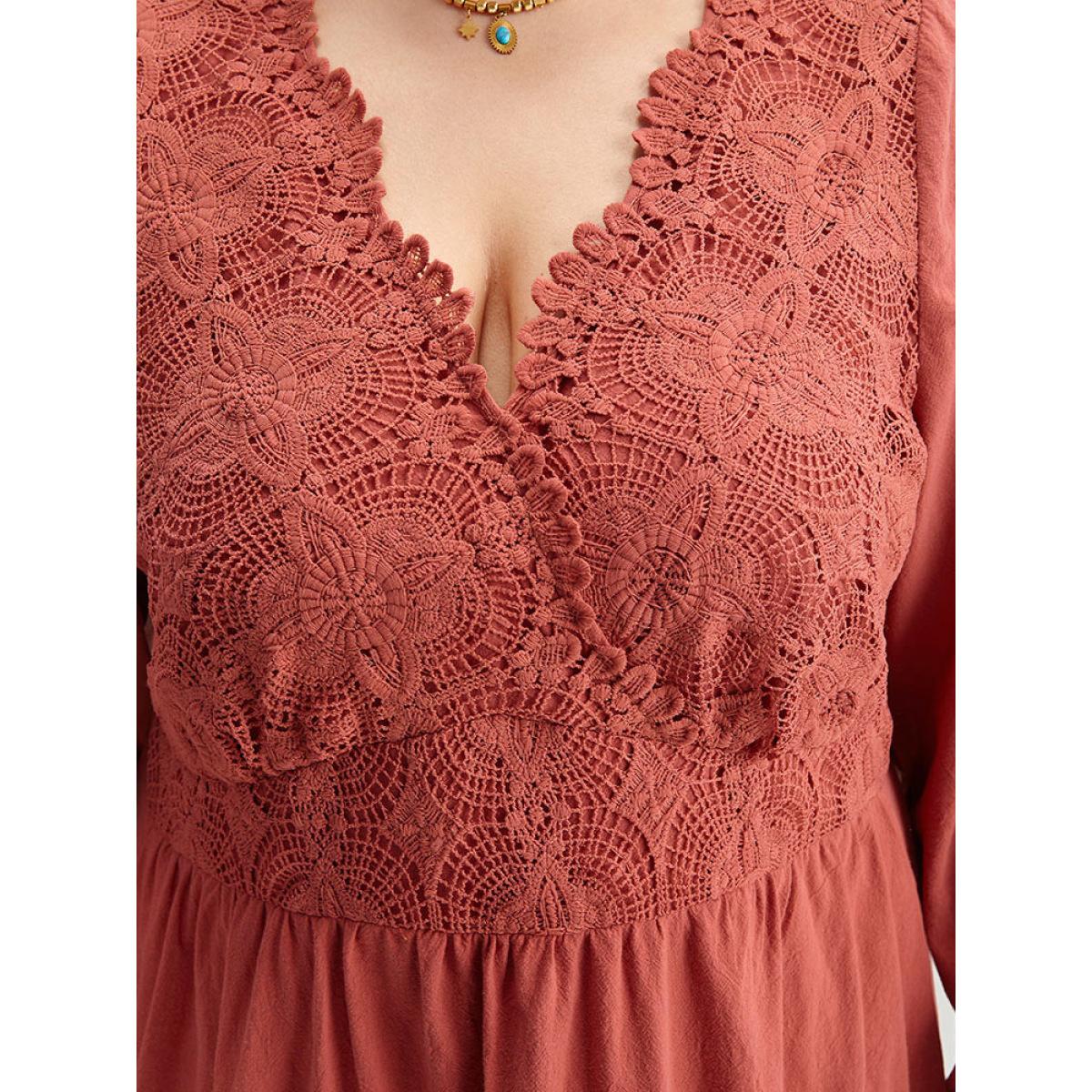 Plus Size Solid Lace Panel Wrap Patchwork Dress Rust Women Vacation Elastic cuffs V-neck Long Sleeve Curvy Midi Dress BloomChic 14-16/1X Product Image