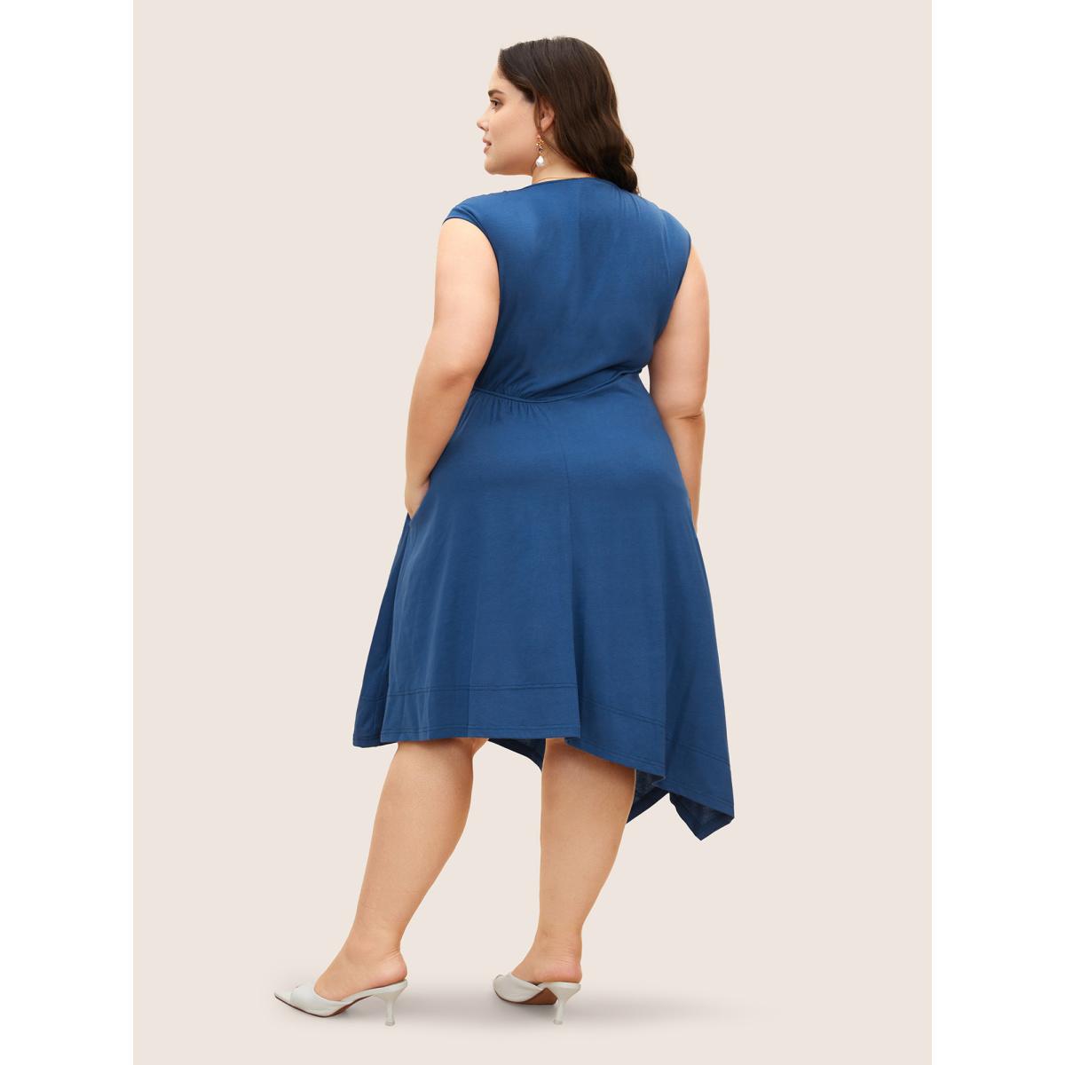 Plus Size Solid Crew Neck Asymmetrical Hem Dress Mediumblue Women Elegant Gathered Round Neck Cap Sleeve Curvy BloomChic 12/L Product Image