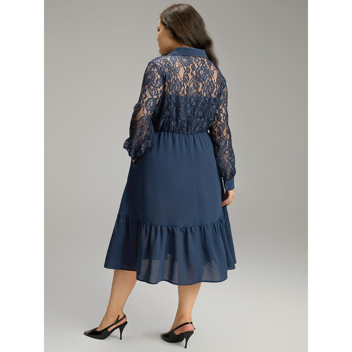 Plus Size Contrast Lace Shirt Collar Ruffle Hem Dress Indigo Women Office Plain Shirt collar Long Sleeve Curvy Midi Dress BloomChic 28/5X Product Image
