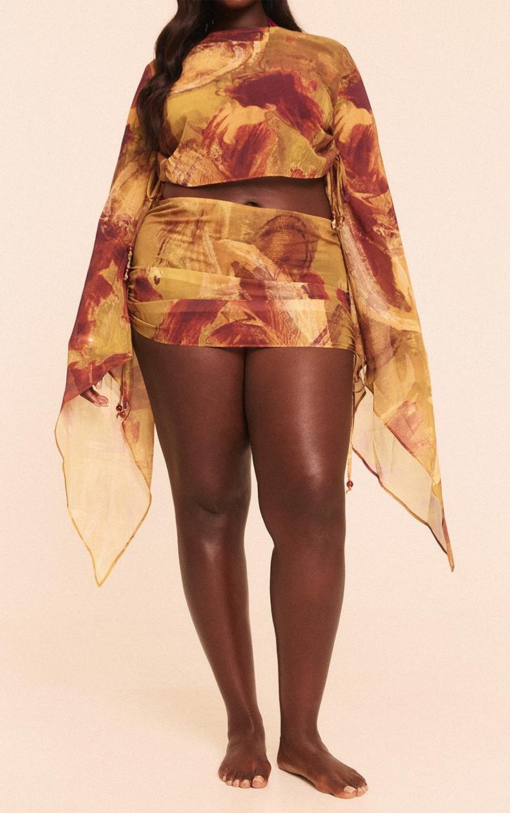 Plus Green Abstract Print Bead Trim Chiffon Beach Skirt Product Image