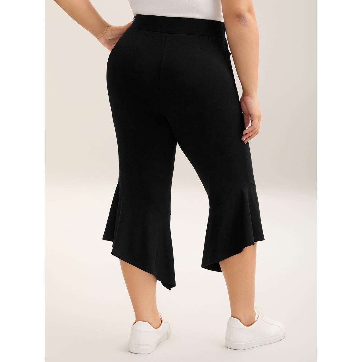 Plus Size Stretchy Ruffled Hem Cropped Pants Women Black Leisure Bodycon Mid Rise Casual Pants BloomChic 14-16/1X Product Image