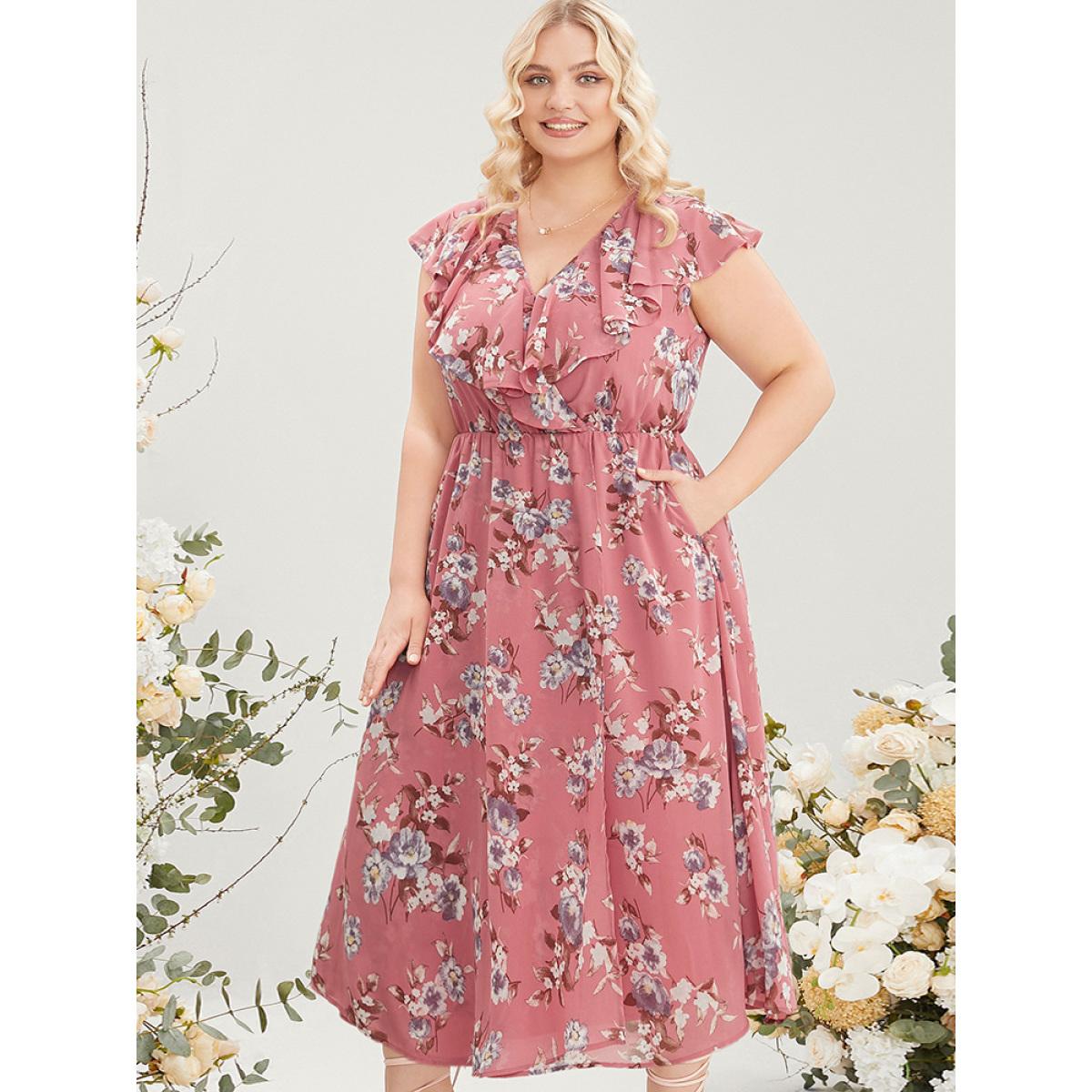 Plus Size Floral Print Ruffle Trim Pocket Sleeveless Wrap Dress DustyPink Women Elegant Elastic Waist Overlap Collar Sleeveless Curvy Midi Dress BloomChic 30/6X Product Image