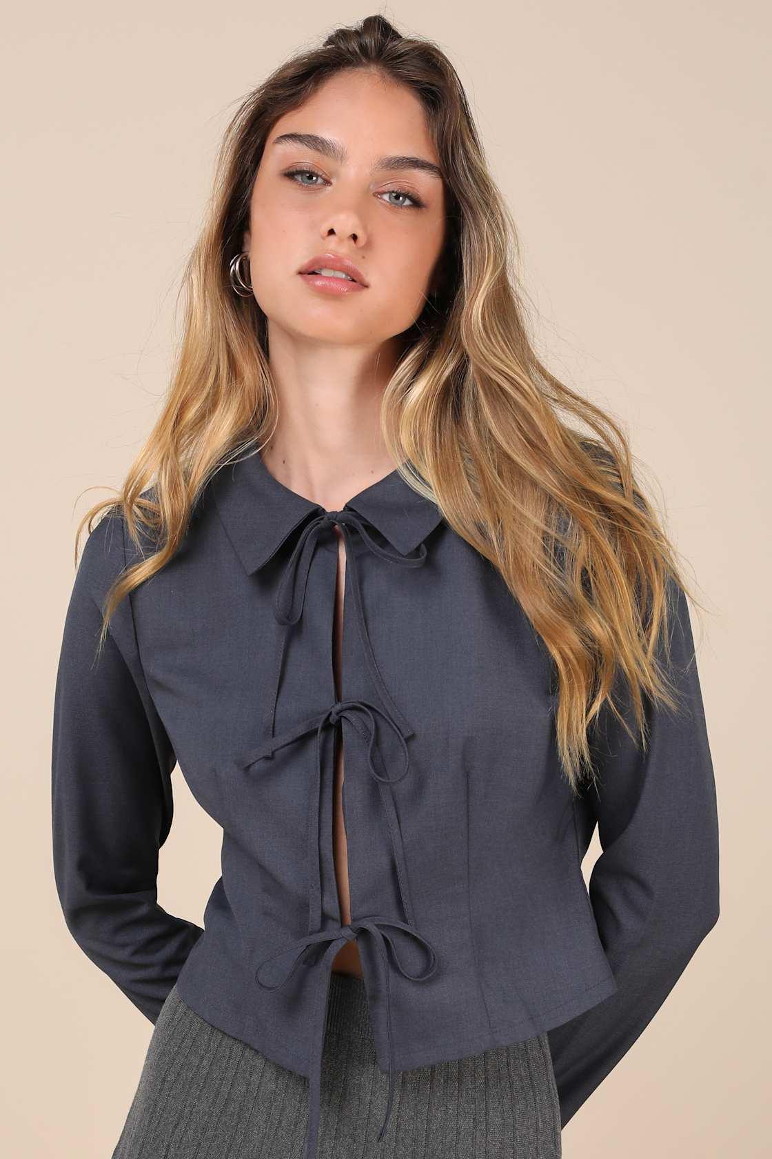 Trendy Potential Dark Slate Tie-Front Long Sleeve Top Product Image