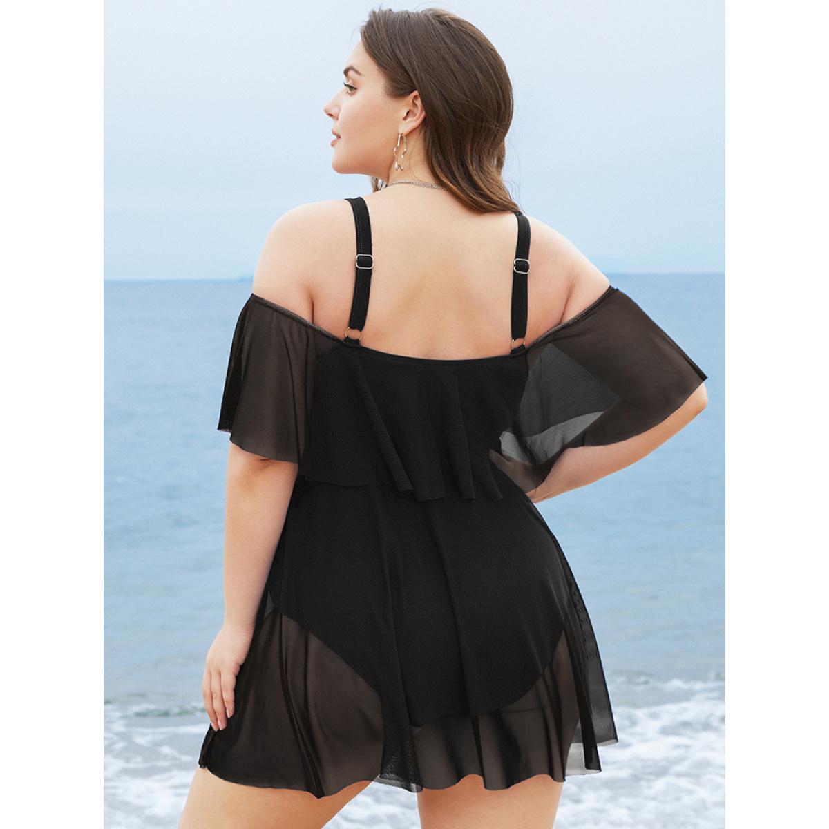 Plus Size Solid Mesh Ruffles Cold Shoulder Sculpt Waist Swim Dress Women's Swimwear Black Vacation Bodycon Cold Shoulder High stretch Curve Swim Dresses BloomChic 30/6X Product Image