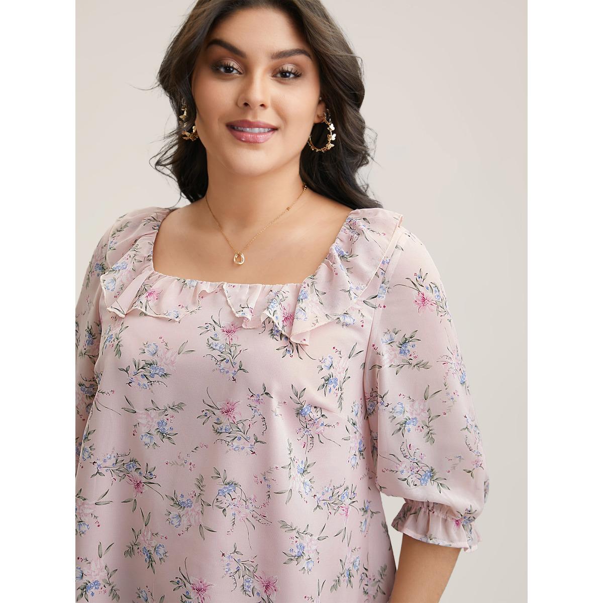 Plus Size Lightpink Chiffon Printed Ruffled Shirt Women Elegant Elbow-length sleeve Square Neck Everyday Blouses BloomChic 28/5X Product Image