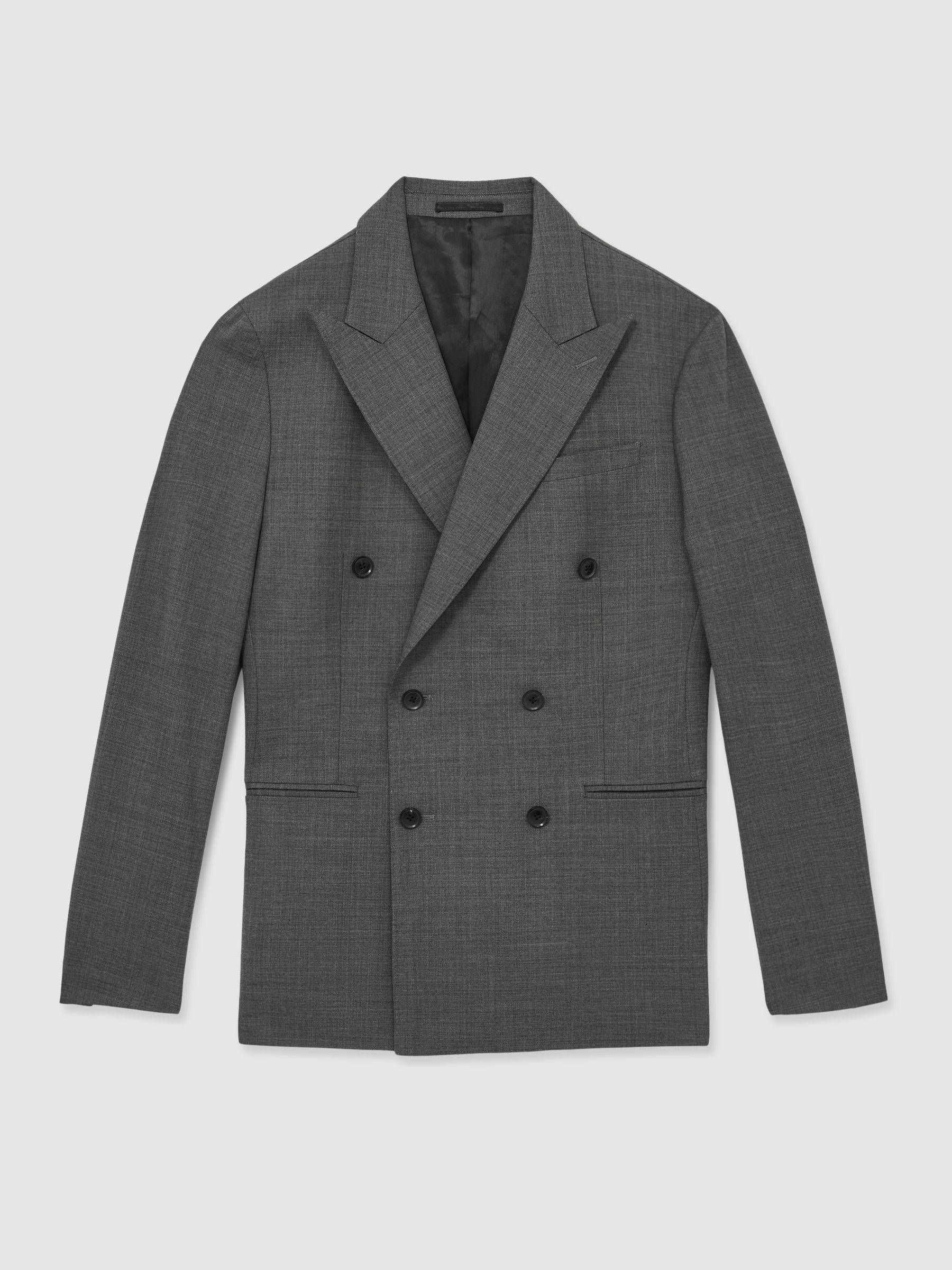Regular-Fit Double-Breasted Sharkskin Wool-Blend Suit Blazer in Charcoal Grey Product Image