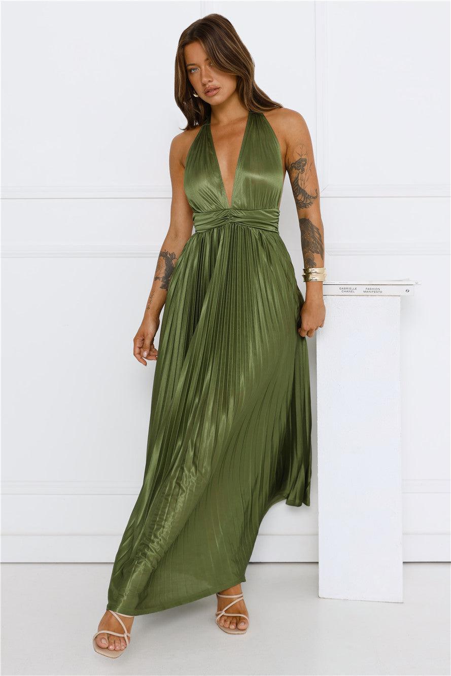 Shimmering Sea Pleated Halter Maxi Dress Olive Product Image
