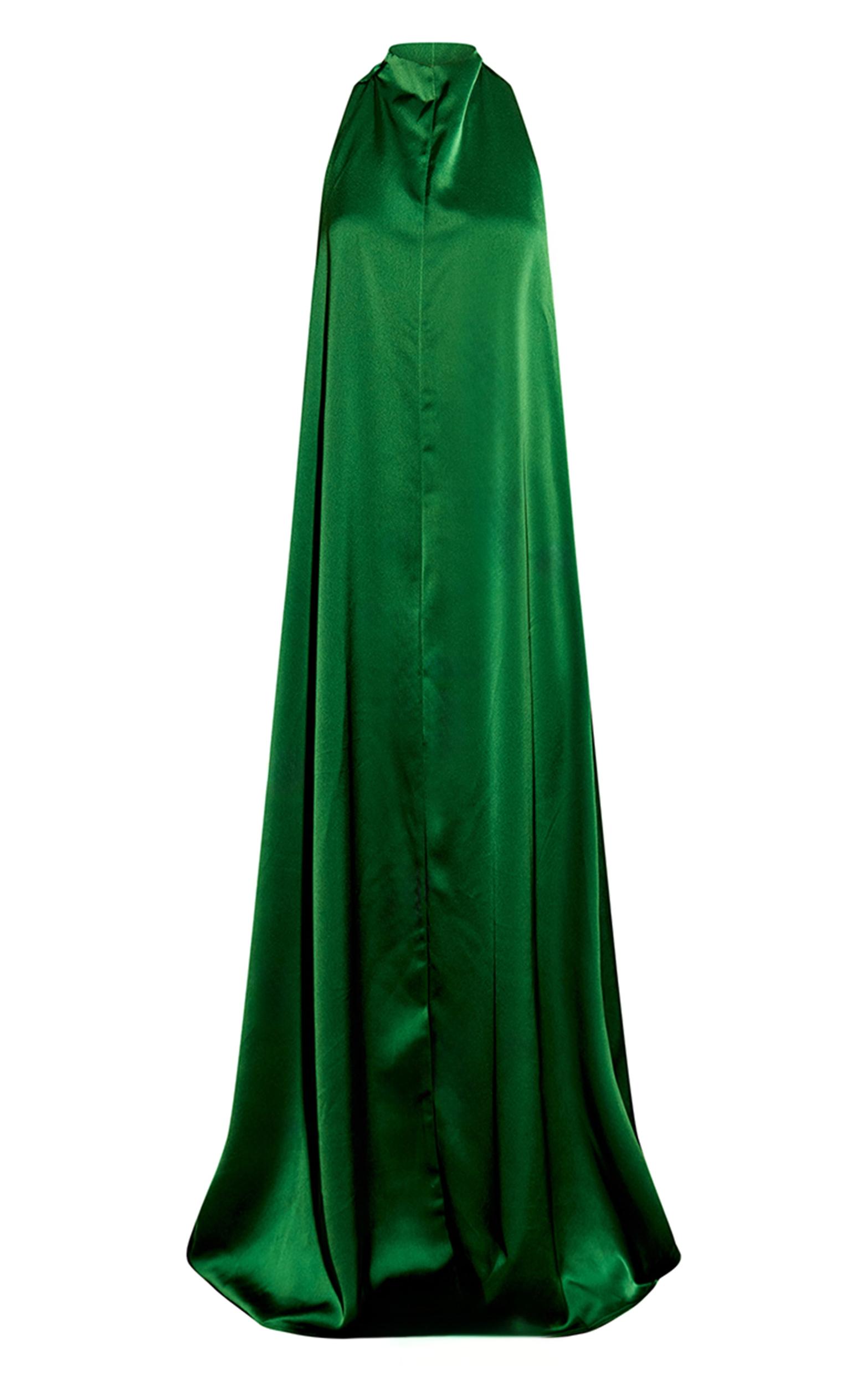 Green Satin High Neck Scoop Extreme Low Back Maxi Dress Product Image