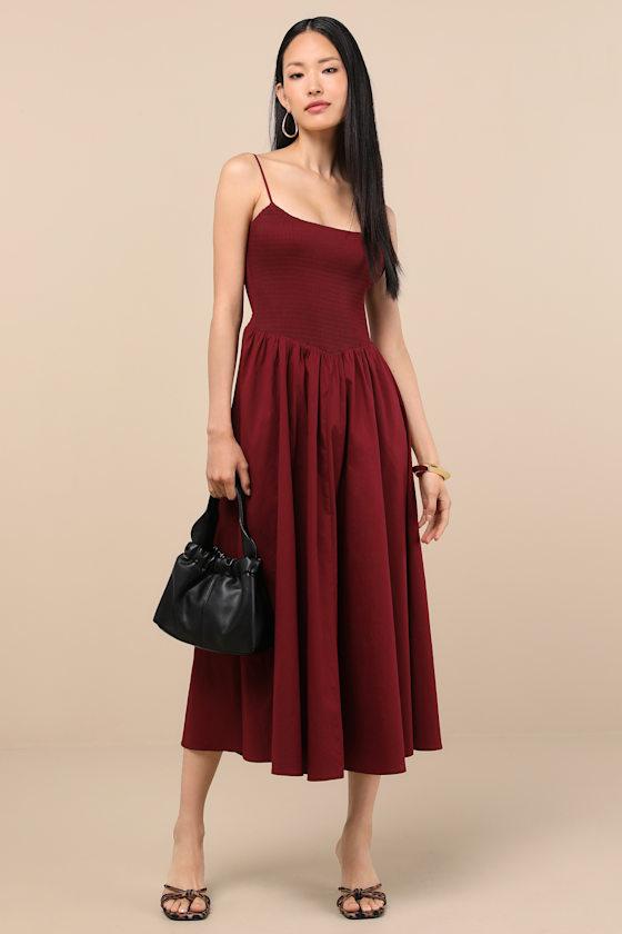 Tandria Burgundy Smocked Sleeveless Midi Dress Product Image