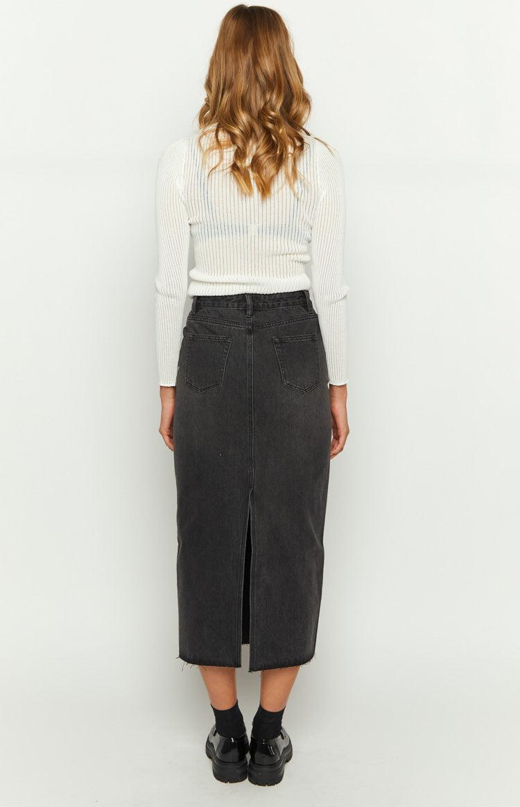 Isla Washed Black Denim Midi Skirt Product Image