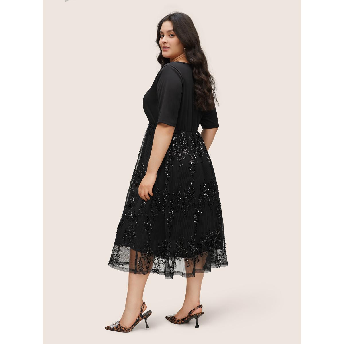 Plus Size Sequin Mesh Patchwork Square Neck Elastic Waist Dress Black Women Cocktail Sequin Square Neck Half Sleeve Curvy Midi Dress BloomChic 18-20/2X Product Image