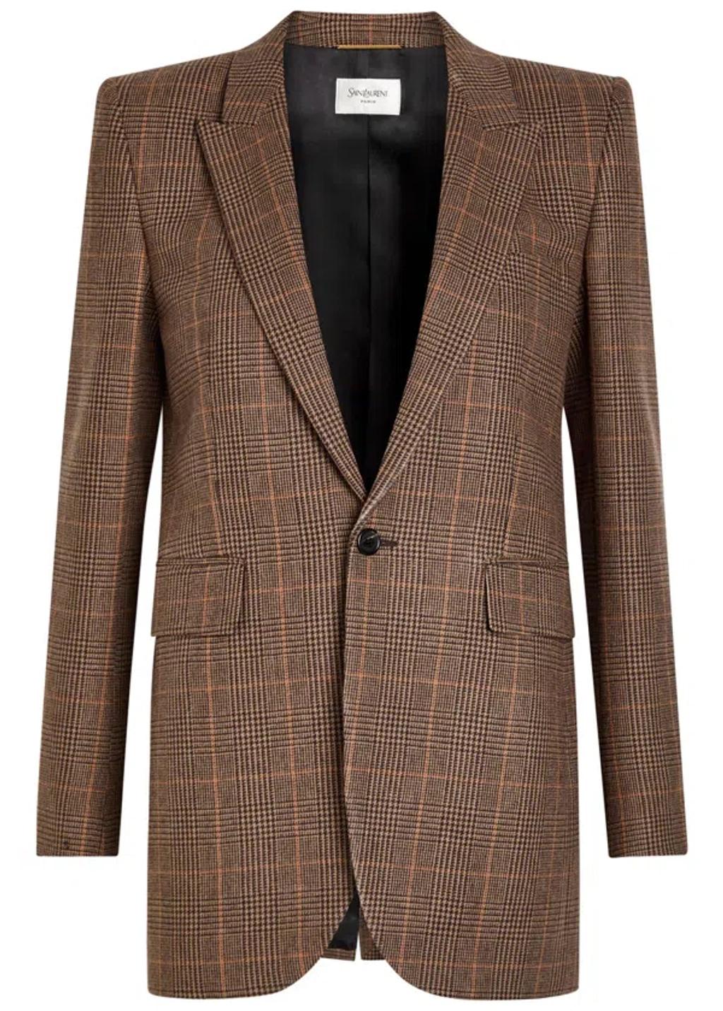 SAINT LAURENT Single-breasted Slim Houndstooth Plaid Blazer In Brown Product Image