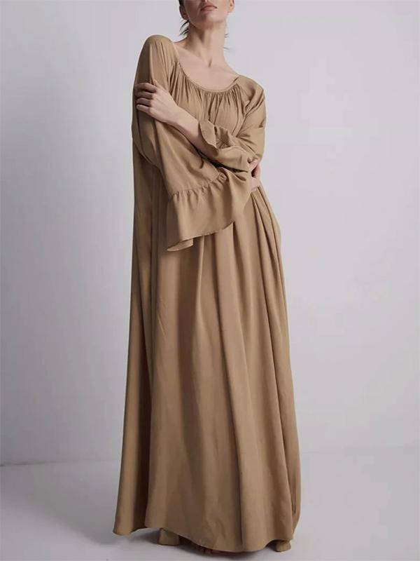 Flared Sleeves Loose Pleated Solid Color Split-Joint Round-Neck Maxi Dresses Product Image